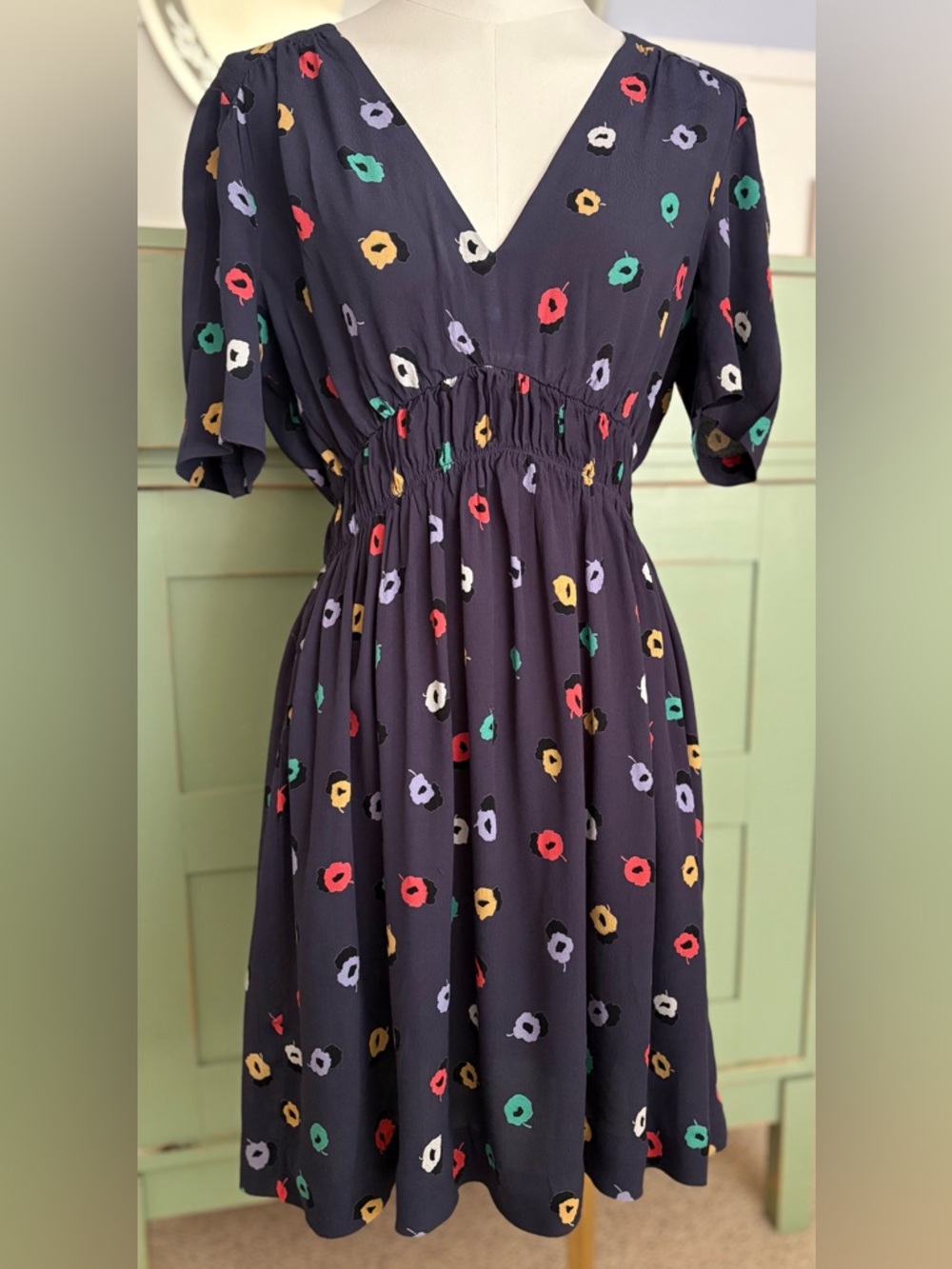 HD in Paris Crepe Poppy Print Dress w V-Neck Flutter Sleeve Smocked Waist (Sz10)